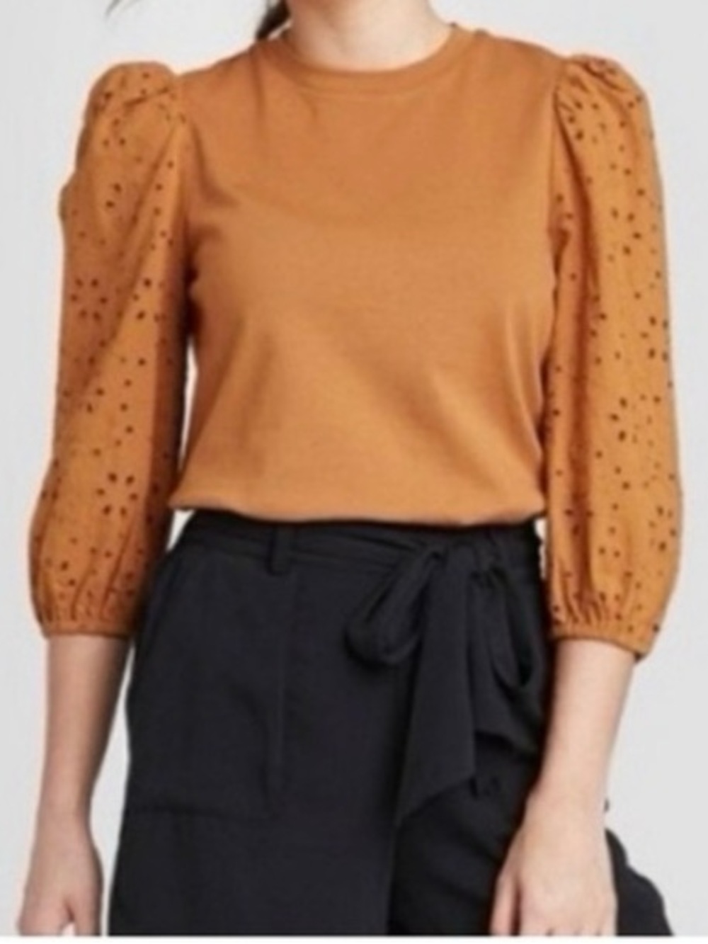 A New Day Saddle Brown Eyelet 3/4 Puff Sleeve Crew Neck Casual Blouse